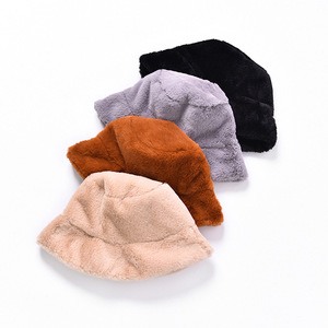 D1927 mujeres niña invierno cálido sombreros de pescador plano ala ancha liso piel <span class=keywords><strong>lana</strong></span> felpa sombrero de cubo - Product Image 3