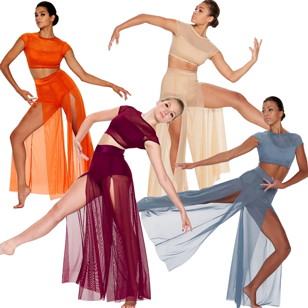 Modern Dance Crop Top Wide Leg Pants Dress Trunk Attached 2 Piece Lyrical Outfits Contemporary Performance Wear Stage Clothes