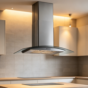 <span class=keywords><strong>Campana</strong></span> <span class=keywords><strong>extractora</strong></span> de cocina de acero inoxidable de 900 mm con arco de vidrio, montada en el techo, potente control por botones, chimenea ajustable - Product Image 1