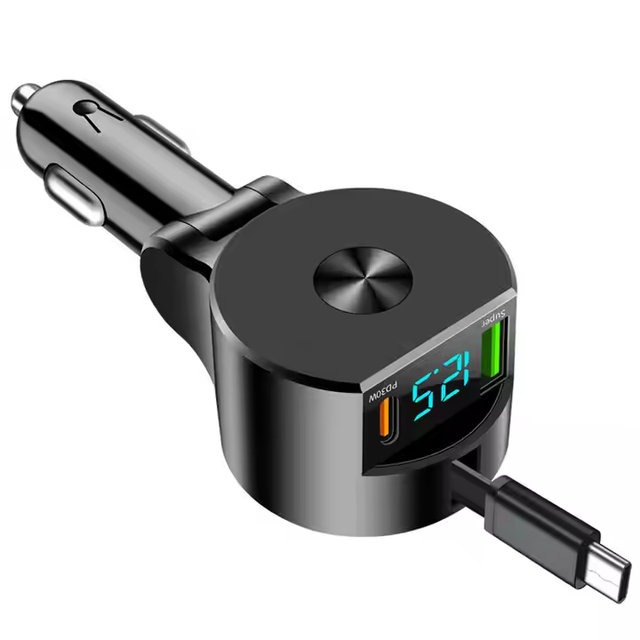 Super Fast Charging Retractable Type-C Car Charger with 30W PD3.0 Output Compatible with Laptop & Phone for Earphones & Cameras