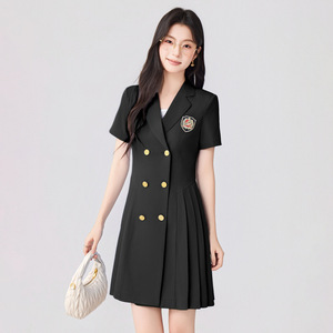 Career Dress Women Short Sleeve Double Breasted Black Pleated Workwear Office Uniform Solid Color Notched Neckline Comfortable - Product Image 1