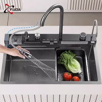 Haute qualité moderne numérique 304 acier inoxydable carré Double évier de cuisine panier de vidange fonction cascade compteur à un trou