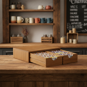 Organizador de cápsulas de café personalizado, de doble nivel, ecológico, estilo vintage, de madera, para encimera, con cajón para cápsulas K-Cup, para el hogar <span class=keywords><strong>y</strong></span> la oficina. - Product Image 4