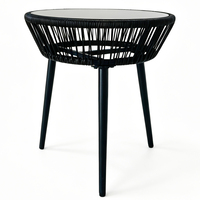 Table d'appoint ronde en corde tressée avec plateau en verre trempé noir, table d'extérieur pour patio, table de jardin, table de balcon, table basse avec pieds en acier