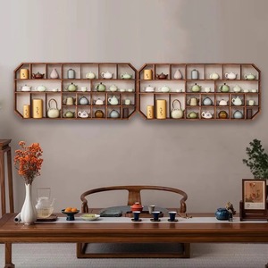 Estante de pared rectangular de madera de paulonia quemada con múltiples compartimentos para exhibir y almacenar juegos de té, ideal para salas de té. - Product Image 2