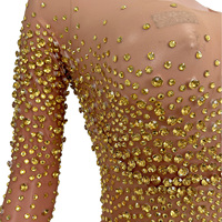 Justaucorps de danseuse de spectacle de cristal à manches longues doré combinaison moulante de boîte de nuit pour femmes combinaisons en strass de banquet de fête