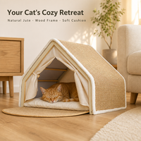 Mobilier d'intérieur pour animaux de compagnie : Maison pour chat en bois en forme de A avec toit à gratter en jute, coussin amovible et rideau d'intimité, OEM