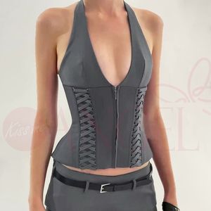 เสื้อกล้ามรัดรูปทรงคอวีลึกแบบซิป ดีไซน์รัดเอวทรงก้างปลา สไตล์สาวเซ็กซี่สุดฮอต - Product Image 4