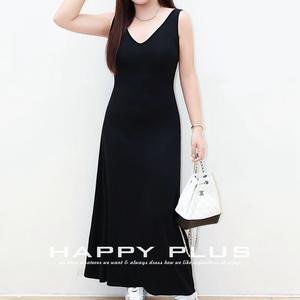 Vestido Largo con Cuello en V Happy Plus, Negro, Talla Grande, Cintura Ajustada, Vestido de Noche para Mujer, Color Sólido, Estilo Simple y Elegante - Product Image 1