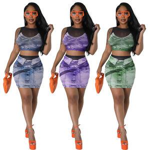 Vendita calda estiva 2 pezzi Set gonna da donna e Top Sexy aderente in rete vedo attraverso abbigliamento Casual da Club - Product Image 1