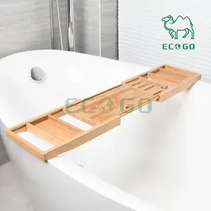 Plateau de baignoire de salle de bain en bambou naturel 100% avec support de livre de bain de luxe et savon pour l'utilisation de la salle de bain - Product Image 5