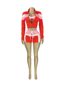 Tuta sportiva personalizzata <span class=keywords><strong>Set</strong></span> di pantaloncini Color Patchwork da donna Casual <span class=keywords><strong>Cardigan</strong></span> con cerniera Cropped <span class=keywords><strong>top</strong></span> Shorts 3 pezzi - Product Image 4