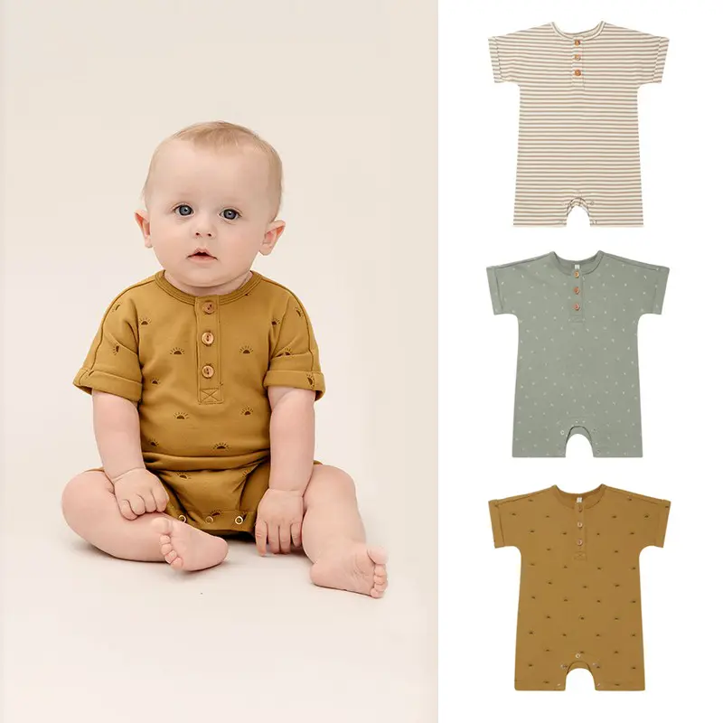 Europese Amerikaanse Stijl Baby Zon Gestreepte Romper Met Korte Mouwen Unisex Print Pasgeboren Baby Katoenen Rompertjes