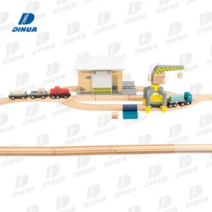 Kids Toy Car Track Wooden Magnetic Toy Diy Assembly Track Slide Wooden Train with Trailer, Station and Working Crane 45PCS