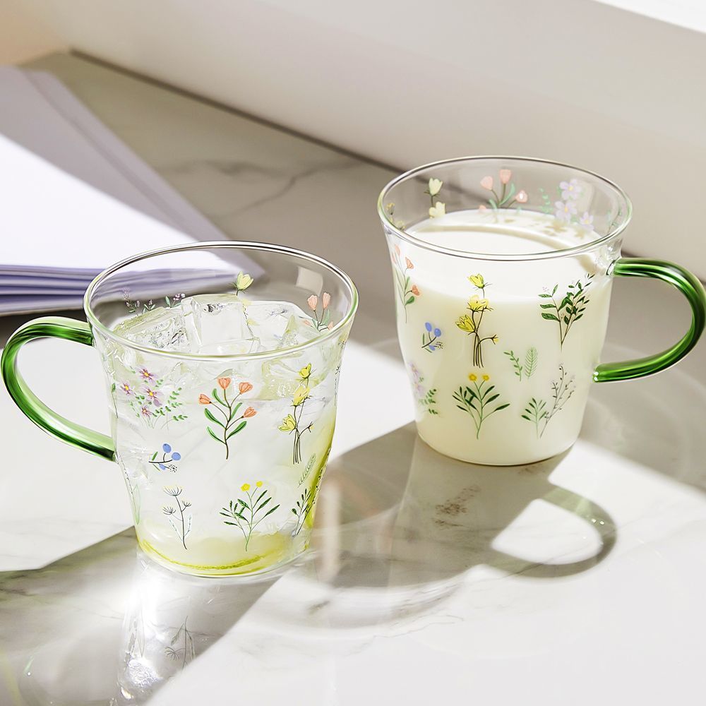 Home Office Glass Coffee Cup with Handle Microwave Safe Large Capacity Flower Pattern Milk Mug Dishwasher Safe