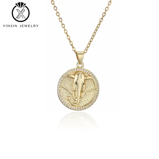 YiXin Jewelry 18K Gold Round Gold Coin Pendant Copper Diamond Elephant Necklace Men And Women Hip Hop Fashion Jewelry