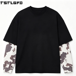 T-shirt Homme Personnalisé Brodé Effet Superposé, Imprimé Vache Noir, Maille Gaufrée, Coupe Oversize Boxy – Fabricants en Gros - Product Image 5