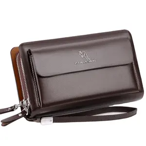 YUESKANGAROO Double fermeture éclair hommes pochette mode cuir de vachette Long sac à main hommes organisateur portefeuille mâle décontracté luxe sac à main