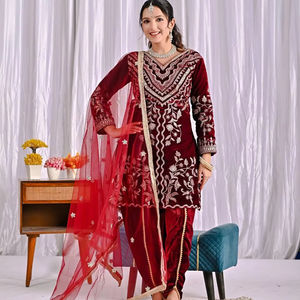 Conjunto Moderno de Kurti, Dhoti, Salwar y Dupatta para Mujer, en Tela de Terciopelo Viscosa, con Bordado, de Secado Rápido, para Todas las Temporadas - Product Image 1