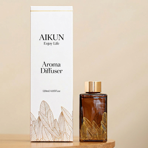 Aikun Small MOQ 120ML Amber Square Glass Gold Water Transfer Logo <b>Reed</b> <b>Diffuser</b> Gift Set Home Fragrance Set <b>for</b> Online Seller - Product Image 1