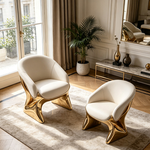 Poltrona Singola in Pelle con Base Scultorea Integrata in Fibra di Vetro Dorata per Spazi Residenziali di Lusso - Product Image 5