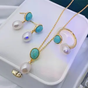 Produk populer 2023 produk baru Fashion ungu alami air segar mutiara pirus kancing Kalung Set Perhiasan untuk wanita