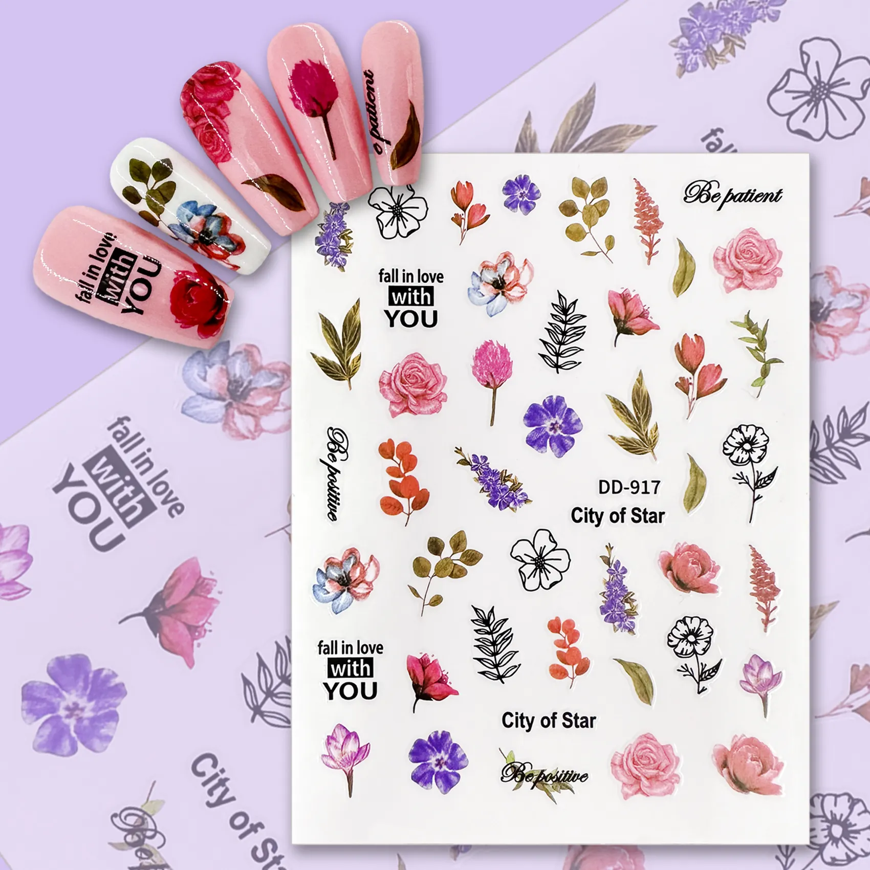 Custom Supplies Hand-painted Colorful Flowers 3D Nail Art Sticker for Manicure DIY