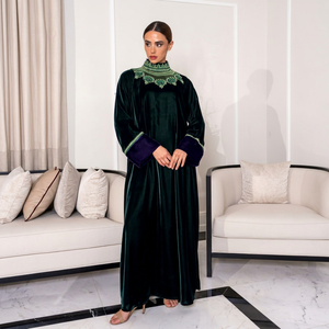 Green Velvet Plus Size Lightweight Abaya High Neck Long Sleeve Floor Length Embroidered Modest Dress Women Middle East Wedding - Product Image 1