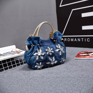 High quality Elegant Women's Denim Pillow Bag With Crystal Flower Daily Use <b>Handbag</b> denim women's bag versatile <b>small</b> bag - Product Image 5