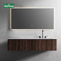 Meuble-lavabo de salle de bain flottant moderne avec grand miroir LED sans cadre rétroéclairé, armoire en bois cannelé, vasque en céramique, design résistant à l'eau