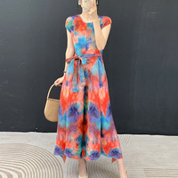 Robe plissée Miyake décontractée pour femme, à manches courtes, col rond, ceinturée, à imprimé artistique tie-dye à pois, haute élasticité