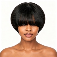 Perruque courte en cheveux humains, coupe pixie avec frange, raie 3x1 nouée à la main, noir naturel, pour femmes, vente en gros