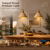 Lampe suspendue en cuivre avec abat-jour conique en bois naturel E27 pour la décoration de réfectoires, restaurants et hôtels