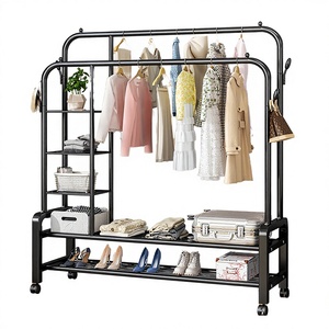 Multifunctional Movable Modern Metal Coat Rack Double-Rod Garment Rack Clothing <b>Storage</b> Shelves Rust-Proof Bedroom Living Room - Product Image 3