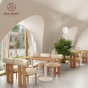 Tables carrées en bois avec pieds en colonne blanche et chaises rembourrées beige à dossier haut, ensemble de meubles pour restaurant, café, salon de thé - Product Image 4