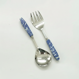Excellent Quality Food Safe Hotel & Restaurant Usage Metal <b>Salad</b> <b>Server</b> With Blue Marble Handle Serving Spoons & Forks - Product Image 1