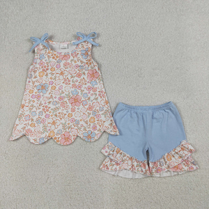 Conjunto de verano para niñas, sin mangas, con flores y volantes, pantalones cortos azules - Product Image 1