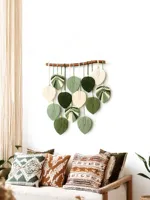 Cadeaux d'entreprise : Grande tapisserie murale en macramé motif feuille de Monstera Boho, art végétal naturel pour la décoration du salon, de la chambre et du studio