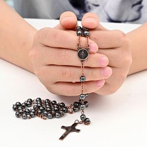 Collier croix style euro-américain, punk rock, chaîne de perles de chapelet en pierre noire, pendentif gothique sombre - Product Image 3
