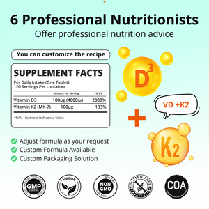 Tabletas de Vitamina D3 K2 OEM 4000 UI D3 100 mcg K2 MK-7, Suplemento Dietético para la Salud Ósea y el Apoyo Inmunológico, 120 Tabletas - Product Image 2