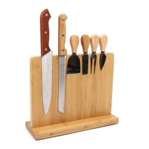 Natural Bamboo Wooden Free Standing Kitchen Organizer Storage Magnetic Knife Board Holder