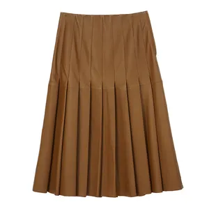 OEM wholesale office lady formal dress Lightly painted sheepskin folded pleated leather pu A-line midi skirt women