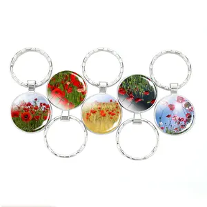 Handmade Poppy Flowers Key Chains Keyring Glass Cabochon Pendant Jewelry Flowers Keychain Poppies Souvenir