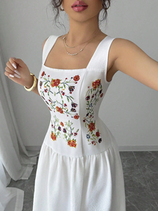 เดรสผ้าฝ้าย 100% ทรงแม็กซี่ สีขาว สำหรับฤดูร้อน ทรงปกติ เอวธรรมชาติ ปักลายด้วยเครื่องจักร แขนสั้น สวมใส่สบาย ซักได้ มีกระเป๋า สำหรับผู้หญิง - Product Image 2