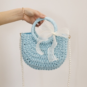 2025 Summer Handmade Woven Straw Shoulder Bags Ladies Candy Color Crossbody Bags Girls Pearl Chain Bucket Bag with Bow Scarves - Product Image 3
