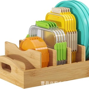 Bamboo Dish Rack With Adjustable Dividers For <b>Pot</b> <b>Lids</b> And Lunchbox <b>Lids</b> Square Natural Wood Color - Product Image 1