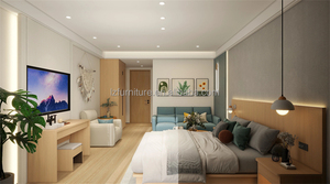 Ensemble de meubles de chambre d'hôtel 3 étoiles, lit plateforme en bois massif pas cher, taille Queen, avec tête de lit, tables de chevet assorties et matelas - Product Image 3
