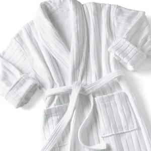 White Hotel Spa Bath Robe Custom Embroidery Logo Unisex Cotton Terry Velour Stripe Bathrobes/ribbed Robes