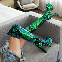 OEM/ODM 2025 Nouvelles bottes d'hiver sur le genou Talon de 15.5cm avec plate-forme de 5.5cm Flip Sequins Stripper Pole Dance Boots Wholesale CE ROHS