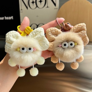 New Arrival Cute Eco Friendly Faux Rabbit Fur Bow Tie Small Coal Ball Plush Bag Charm Car Keychain Pendant